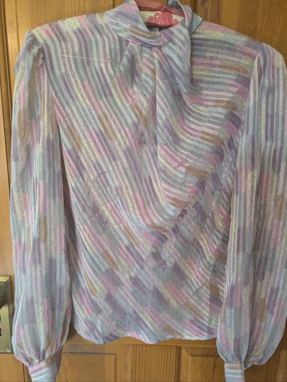 Lightweight Pastel Stripe Button-Neck Blouse